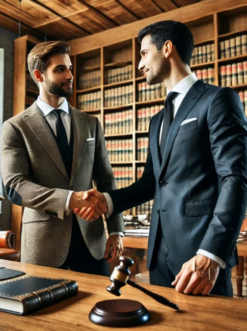 DALL·E 2024-10-21 02.04.56 - Two men in formal attire are shaking hands in a modern law office. The office features wooden furniture, large bookshelves filled with law books, a de